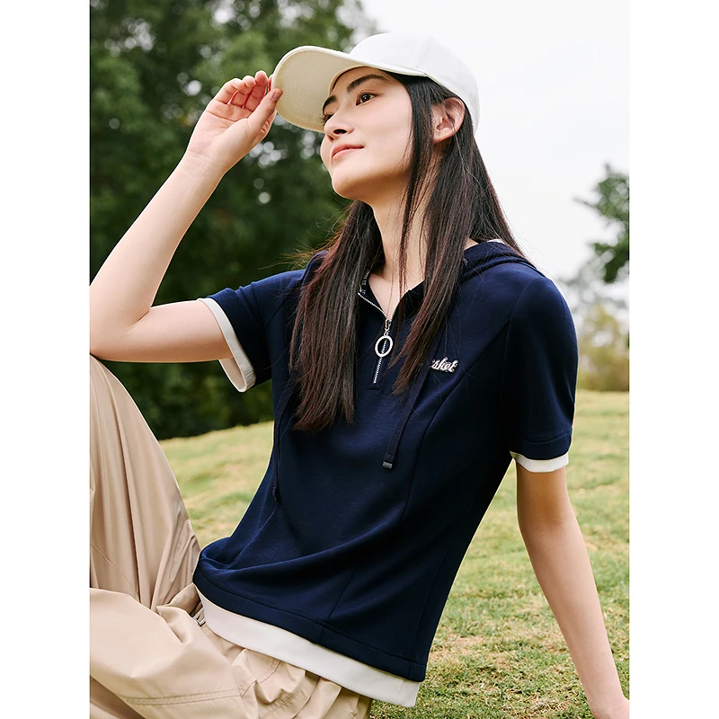 十二篮专选25夏新款时尚假两件微收腰休闲连帽上衣女7C65270170