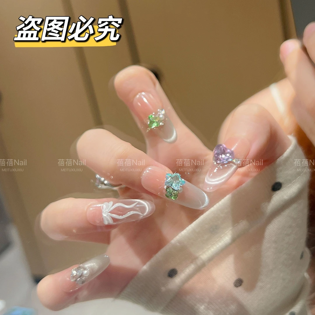 【彩虹宝石】糖果钻初夏新款纯手工穿戴甲多巴胺猫眼蝴蝶结美甲10片