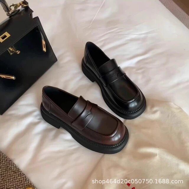 现货秒发苏茵茵同款擦色圆头厚底粗跟一脚蹬乐福鞋皮鞋英伦风