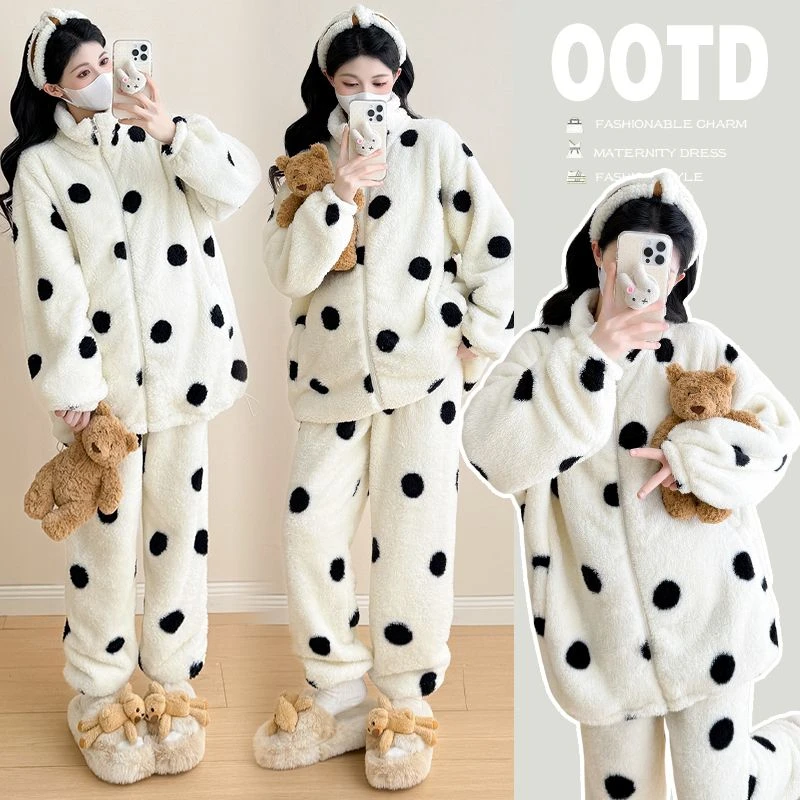 孕妇装秋冬季加厚珊瑚绒保暖孕妇睡衣套装女波点套装法兰绒家居服