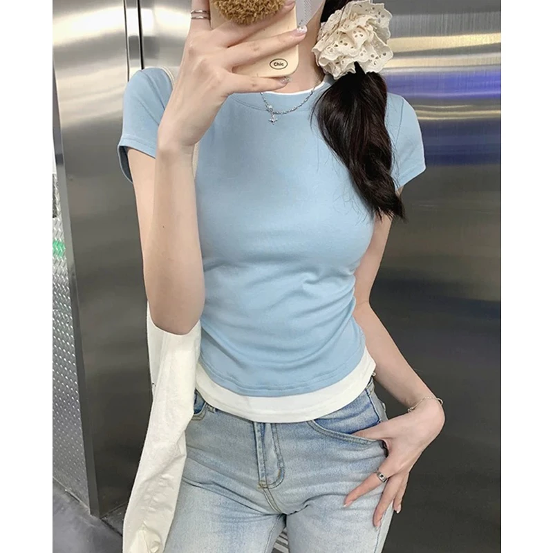 翰代维拼接色假两件短袖T恤女夏季新款修身显瘦辣妹圆领正肩上衣