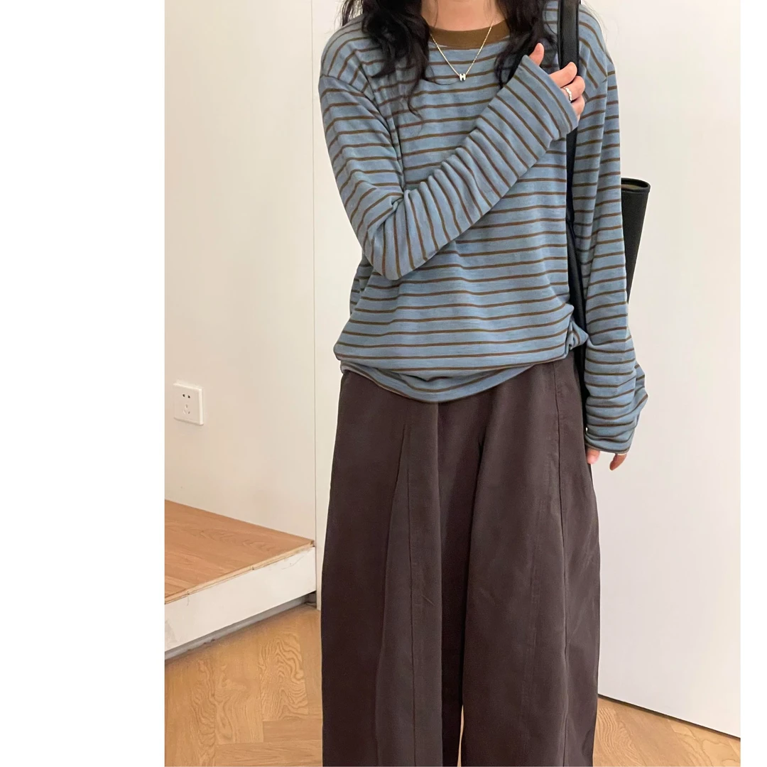 条纹内搭慵懒风条纹打底衫女2025秋冬宽松百搭设计感显瘦韩系上衣