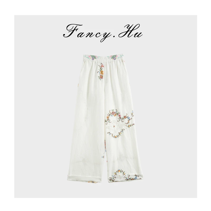 【Fancy.Hu】 五万快 100亚麻彩色花朵刺绣腰时尚长裤 夏FG260293-1