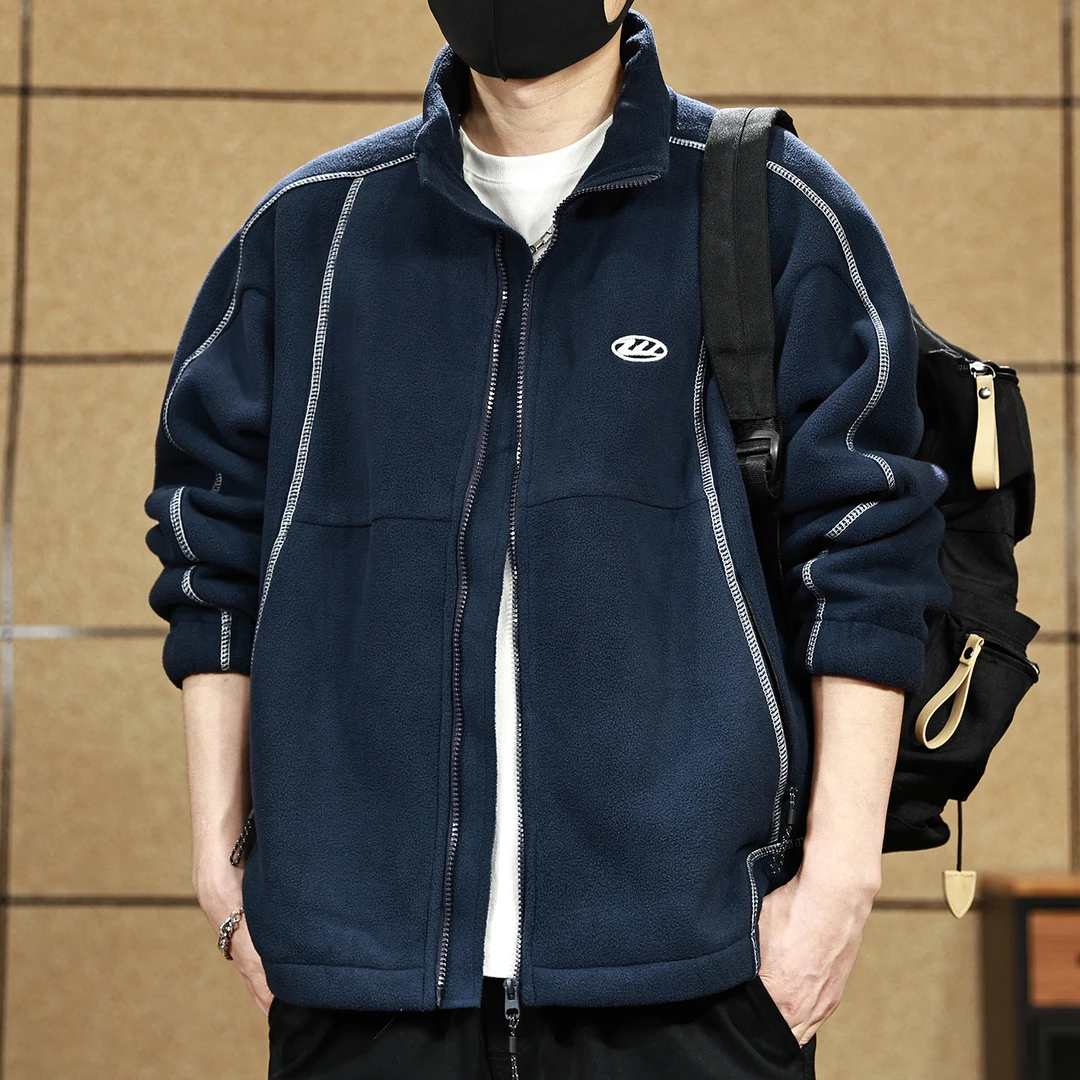 羊羔绒外套男士秋冬痞帅刺绣立领学生摇粒绒抓绒羊羔毛保暖夹克潮