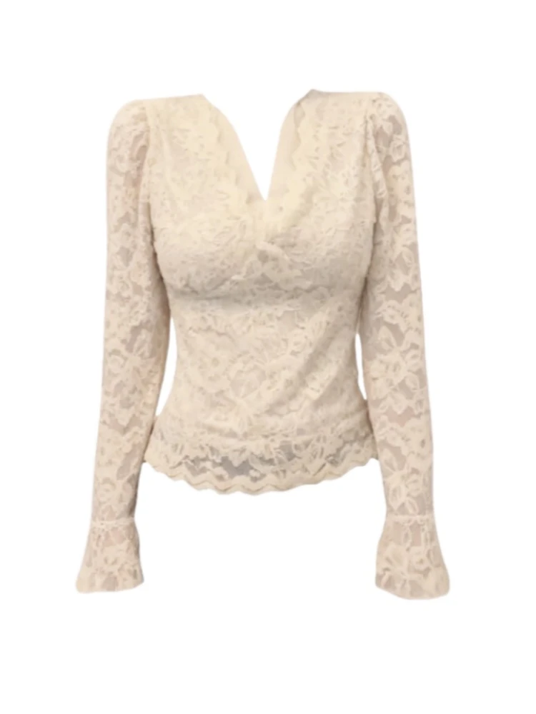 Amy家 胖mm设计感v领加绒长袖打底T恤女秋冬内搭蕾丝拼接性感上衣