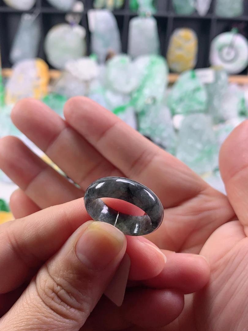 缅甸天然A货翡翠乌鸡戒指内径18.9～号数19-20～a