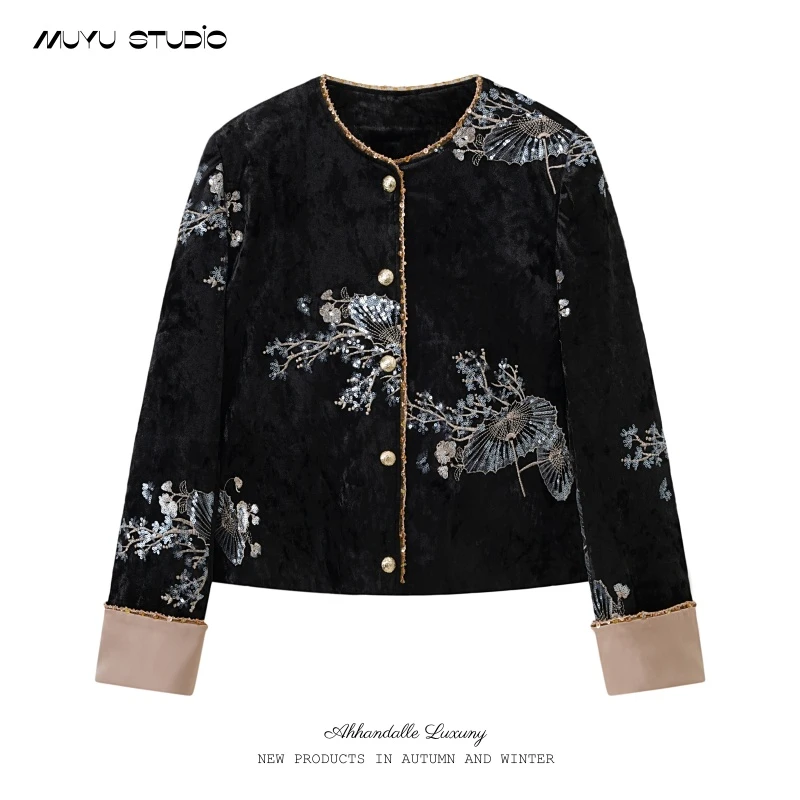 高品质民族风刺绣亮片撞色外套女秋冬季新款金丝绒重工钉珠上衣潮