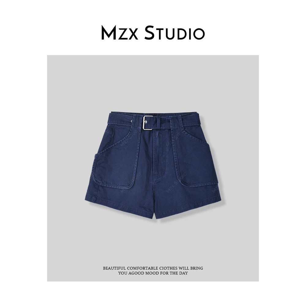MZX 夏季高腰缝线修身牛仔色带腰带短裤裤子KZ8220-S