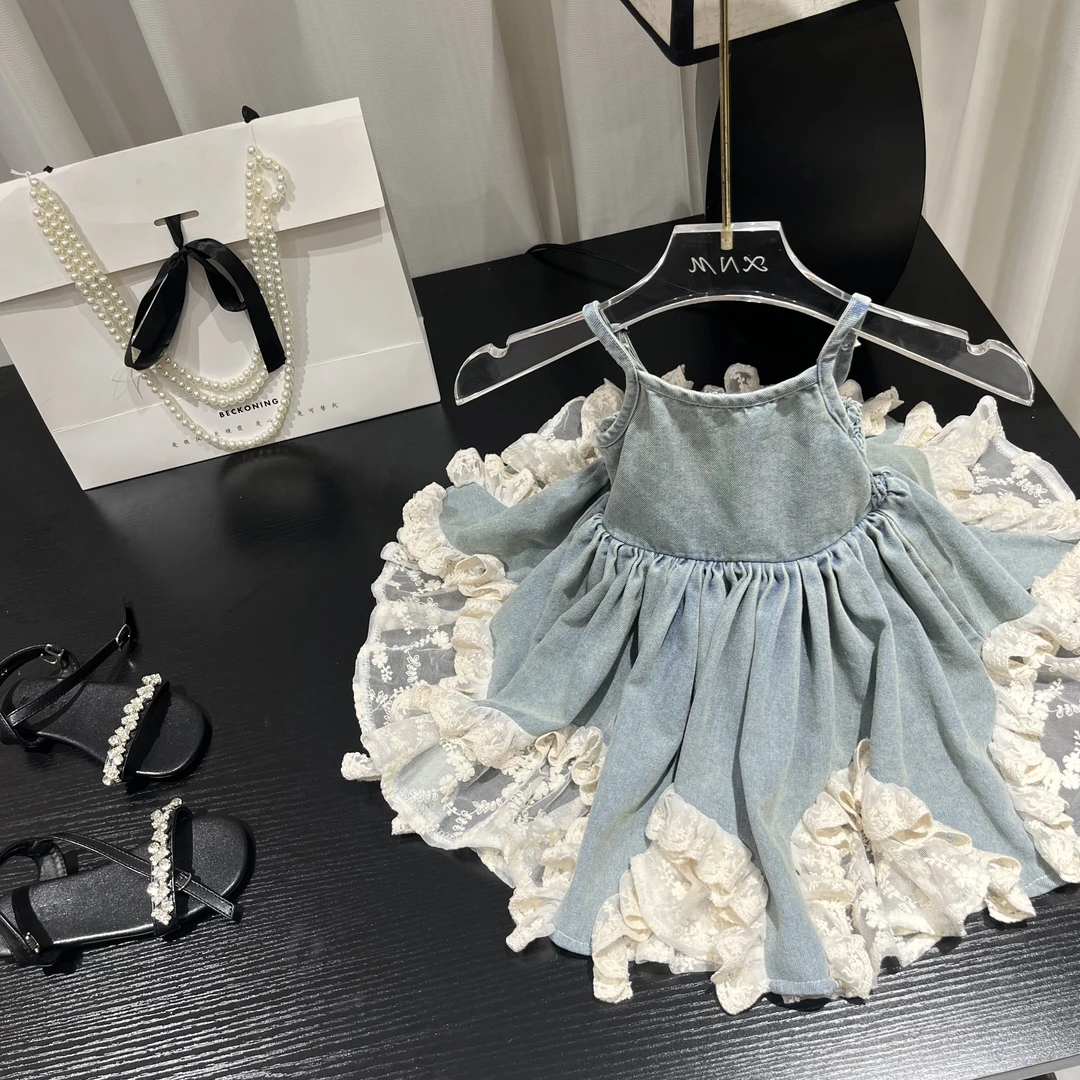 【1】夏季新款女童复古牛仔蕾丝拼接连衣裙