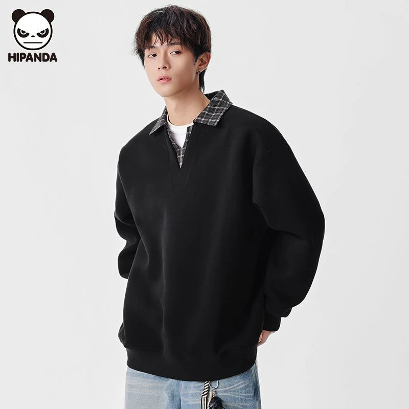 Hi Panda长袖卫衣男装休闲宽松翻领秋季格子拼接日系复古学生上衣