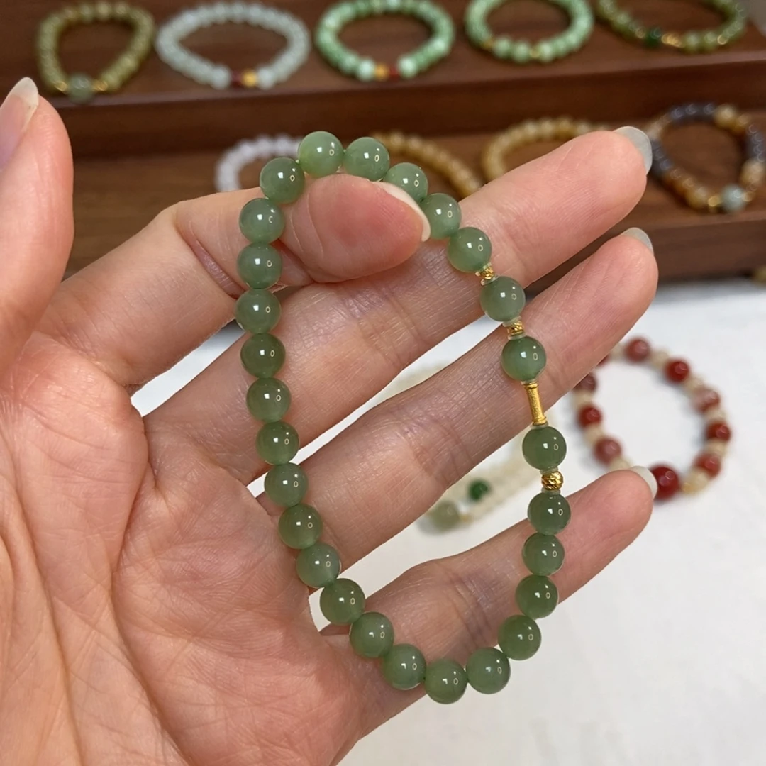 和田玉18K金镶嵌手链6mm鸭蛋青冰底碧玉