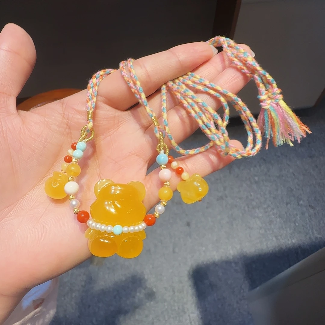 琥珀未镶嵌珠宝奇石小熊项链