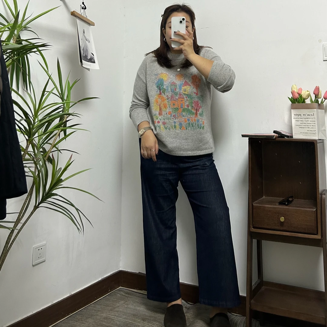 小众韩系减龄直喷印花图案减龄百搭羊毛毛衣大码微胖百搭显瘦