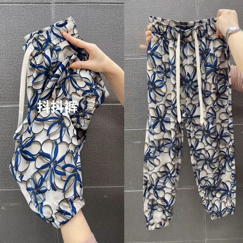 夏季新款花色防蚊裤抖抖裤透气松紧腰小个子束脚九分休闲哈伦裤子
