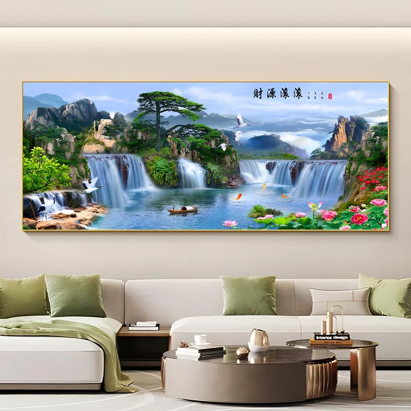 迎客松客厅装饰画山水风景沙发背景墙壁挂画大气办公室画绿水青山