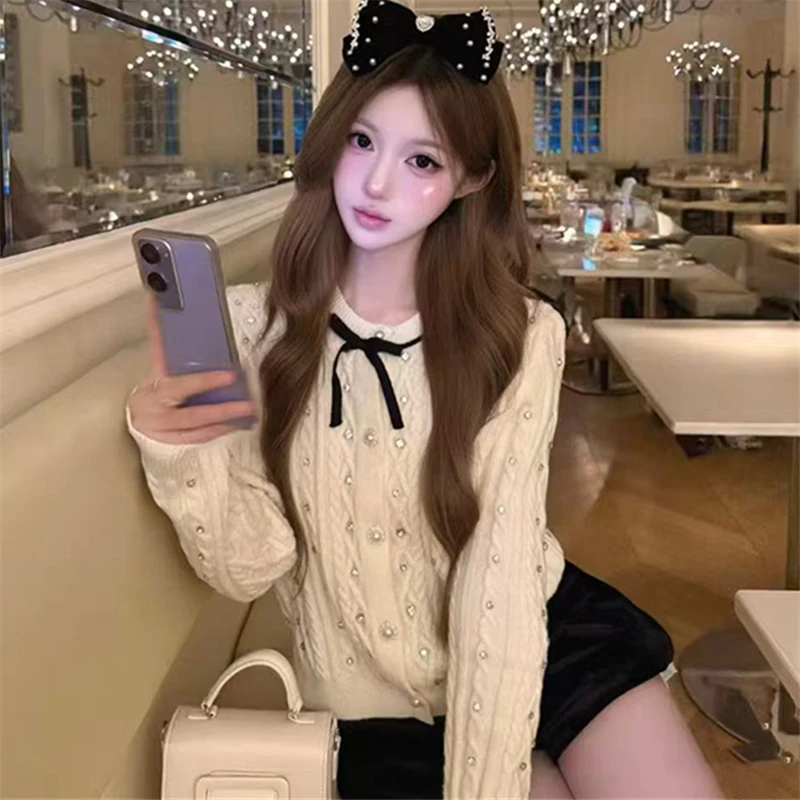 韩系甜美穿搭一整套毛针织衫秋冬烫钻设计感蝴蝶结上衣半身裙套装