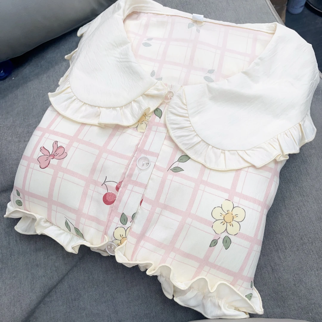 【R578】夏款夏日粉格短袖短裤+长裤三件套+胸垫【开衫款】