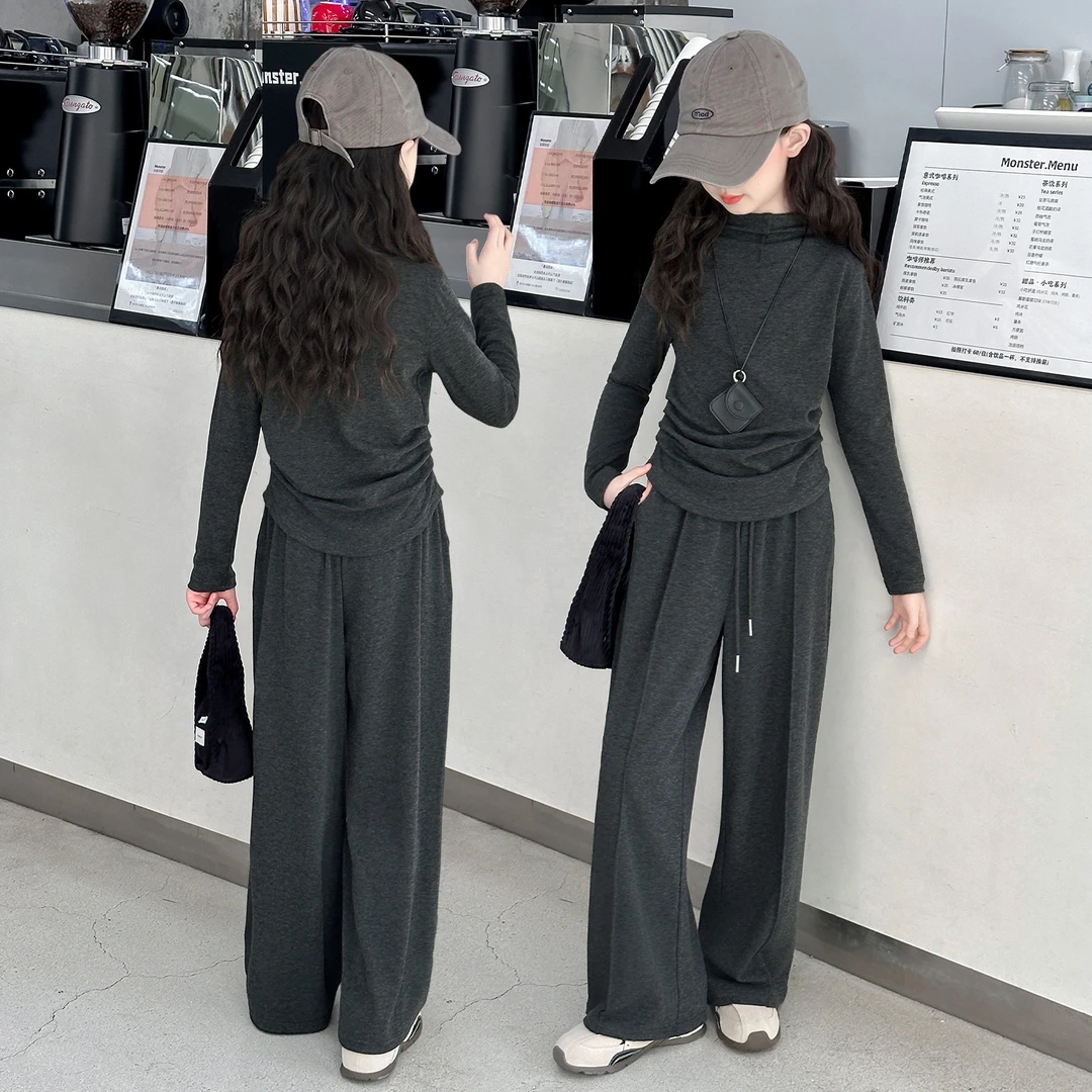 春秋女童休闲风纯色女童百搭气质秋季套装秋冬时尚针织打底阔腿