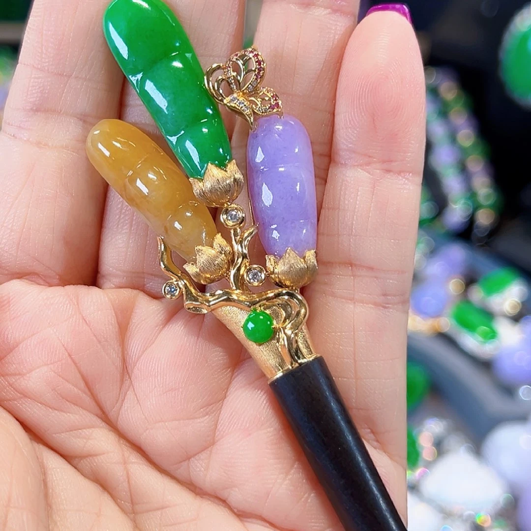 翡翠发饰18K金镶嵌签收后24小时鉴赏期