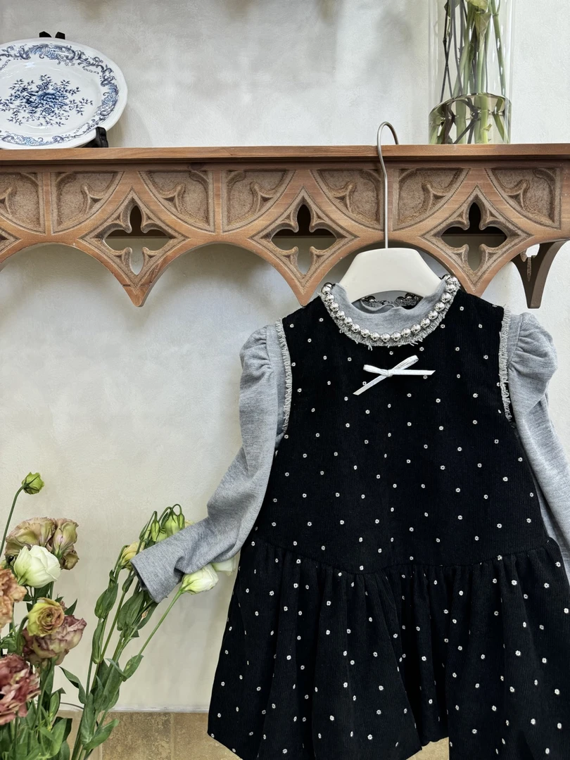 HLCC-6382-6302-儿童蝴蝶结点点公主裙+打底衫套装（秋款）