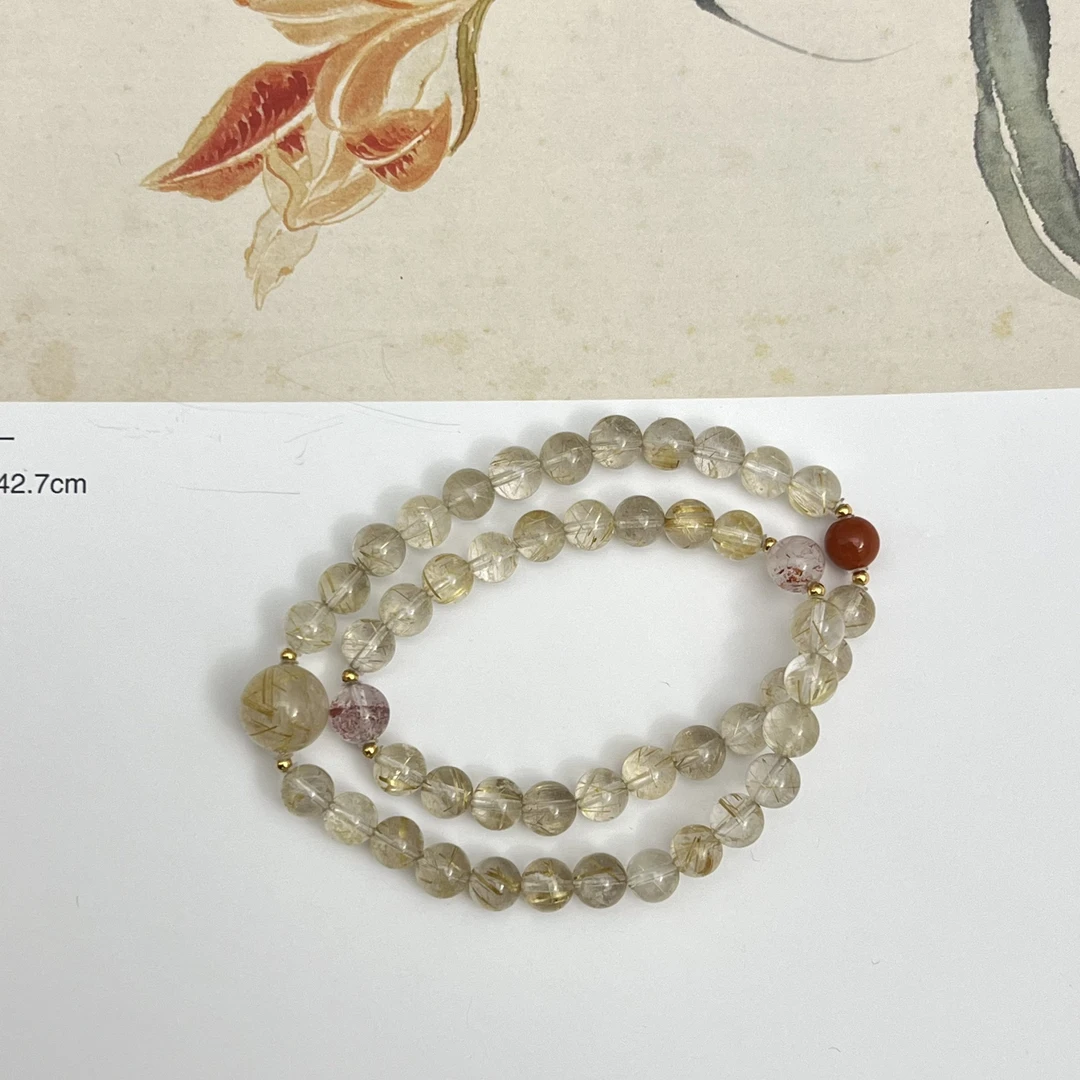 天然水晶金发晶金草莓双圈手串