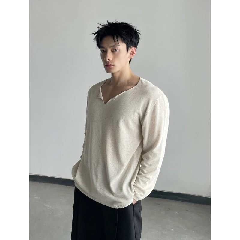 早秋300斤特大码纯色简约长袖T恤男女款老钱风亚麻V领薄款打底衫