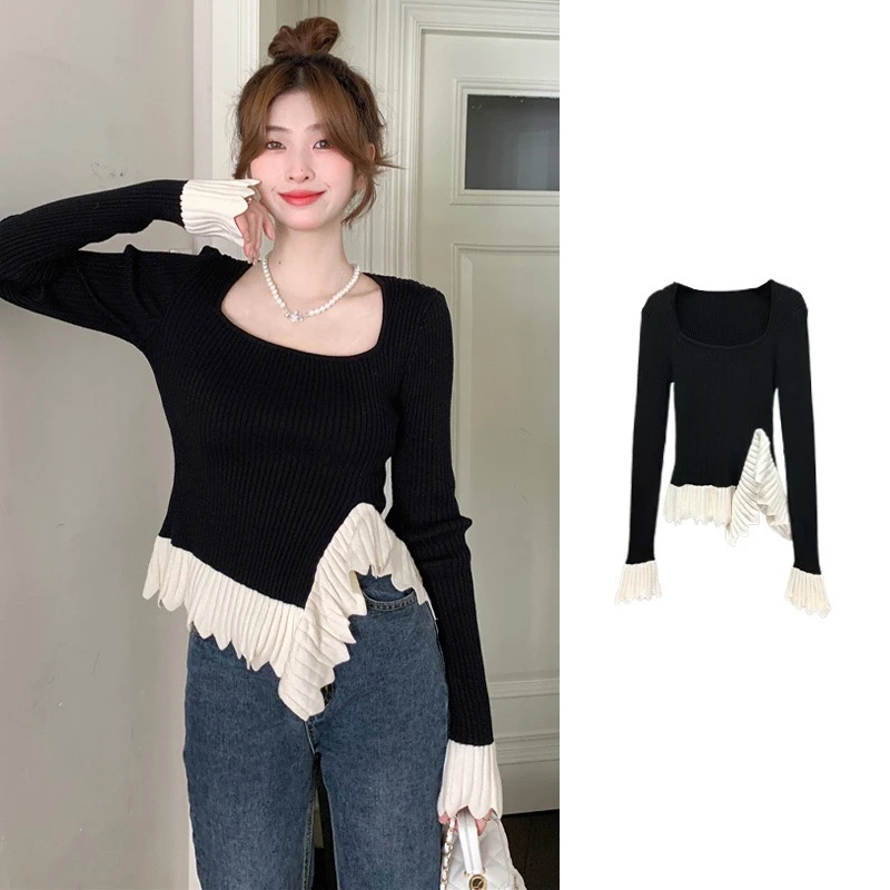 微胖大码女装微胖mm甜辣妹不规则显瘦针织衫修身上衣39810#