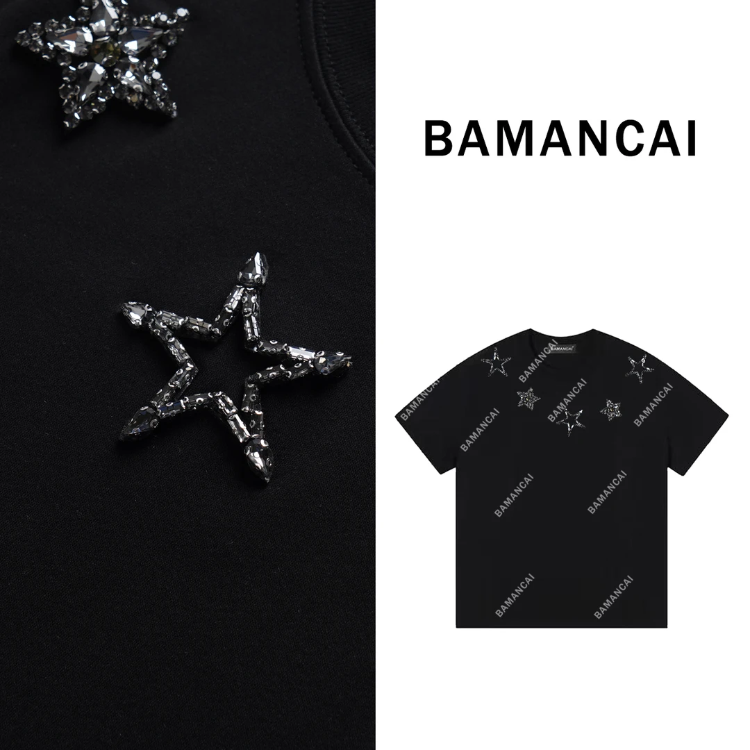 Bamancai-设计感小众钉钻五角星休闲韩版时尚短袖T恤潮上衣