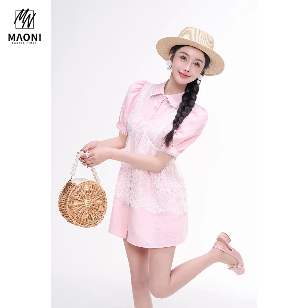 毛妮Peshe【韩系甜美套装】娃娃领短袖衬衫蕾丝背心两件套夏L1551