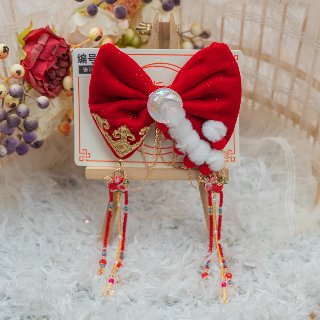 饰阿梁2692 胖月亮领结后压发饰头饰挂珠手工古风气质红色新年