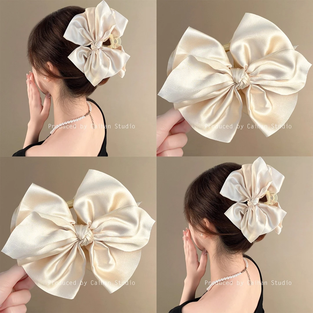 法式缎面蝴蝶结抓夹女高级感温柔气质鲨鱼夹大号旅行