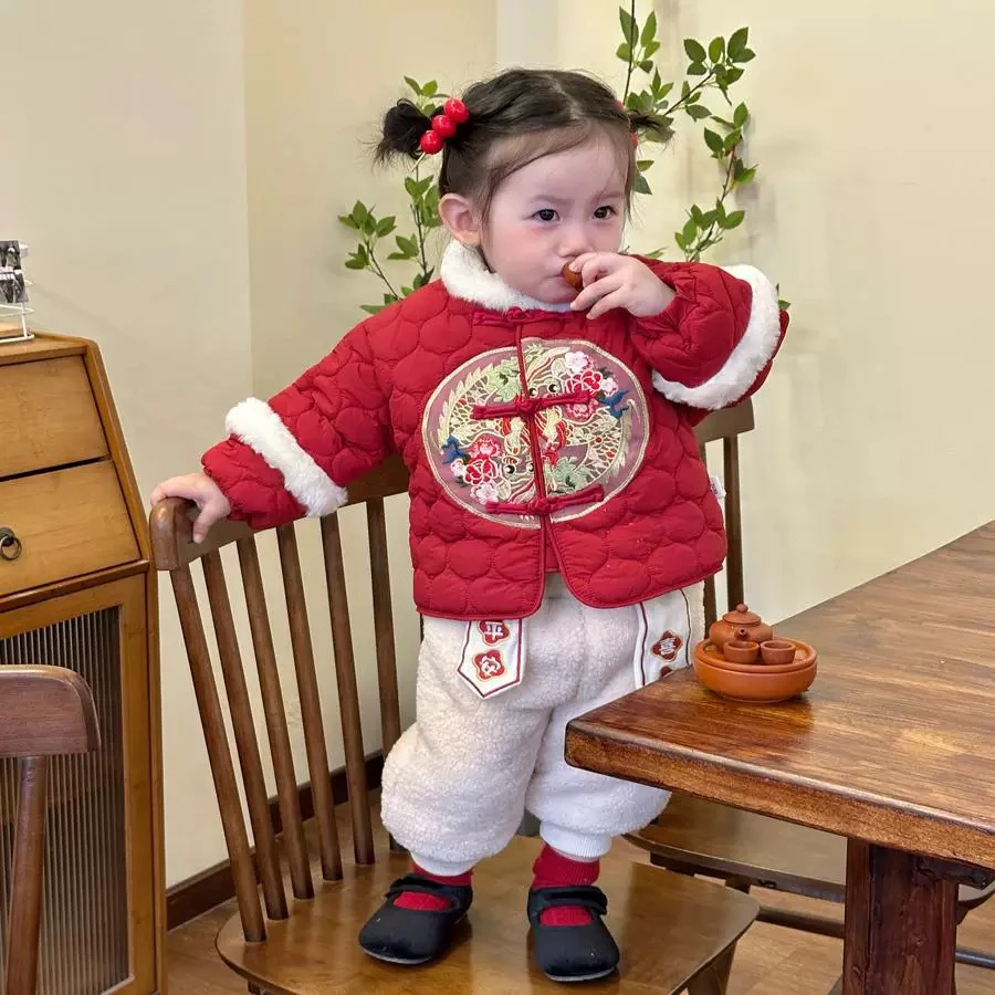 儿童新中式套装男女宝宝加绒洋气拜年服中国风棉衣裤子唐装两件套