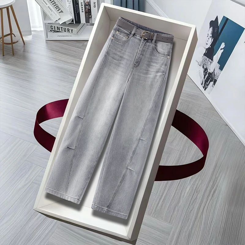 夏季流行烟灰色牛仔弯刀裤女2025新款高腰显瘦香蕉裤窄版直筒裤子