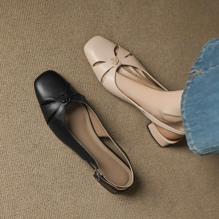 头层牛皮~3.5cm软底真皮交叉带芭蕾舞夏季包头凉鞋法式山茶花单鞋