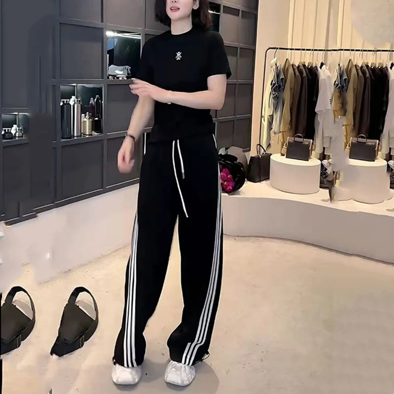 欧洲站休闲运动套装女夏季时尚减龄黑色短袖T恤阔腿裤两件套