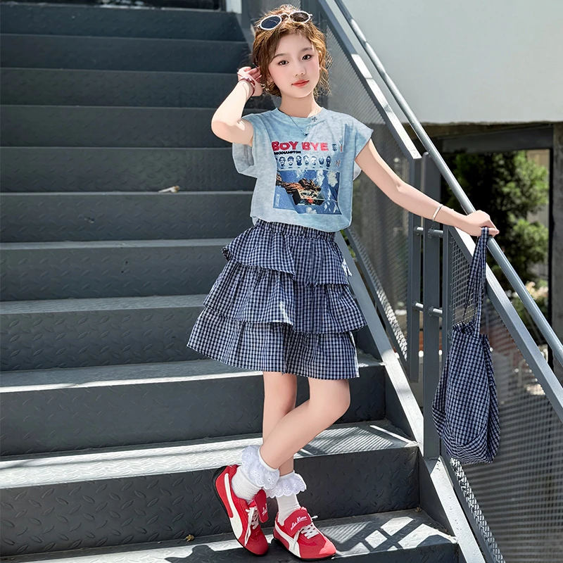 女童夏季短袖T恤套装2025新款儿童美式复古格子蛋糕半身裙两件套