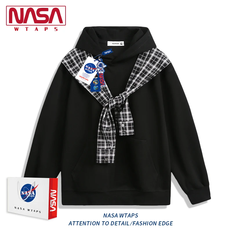 NASA WTAPS美式复古格子披肩连帽卫衣男款春秋季宽松休闲上衣男装