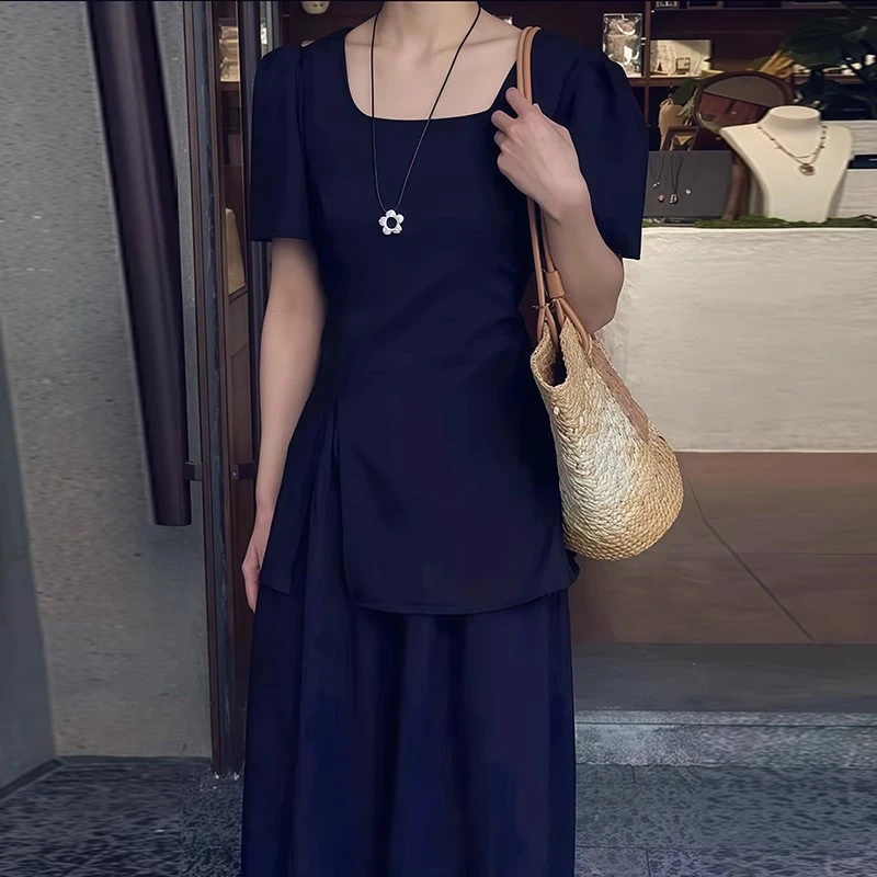 胖mm减龄气质显瘦套装女2025夏季大码方领开叉上衣阔腿长裤两件套