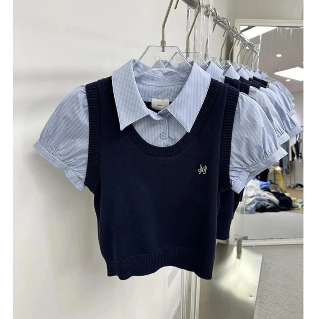 格雷系穿搭～2025夏季韩系设计感毛衣假两件拼接短袖衬衫女上衣