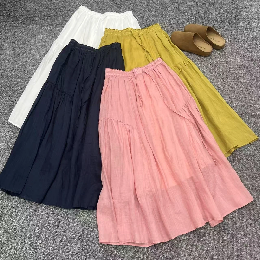 2025春夏新款女装苎麻流苏半身裙高腰显瘦松紧腰复古文艺大摆裙