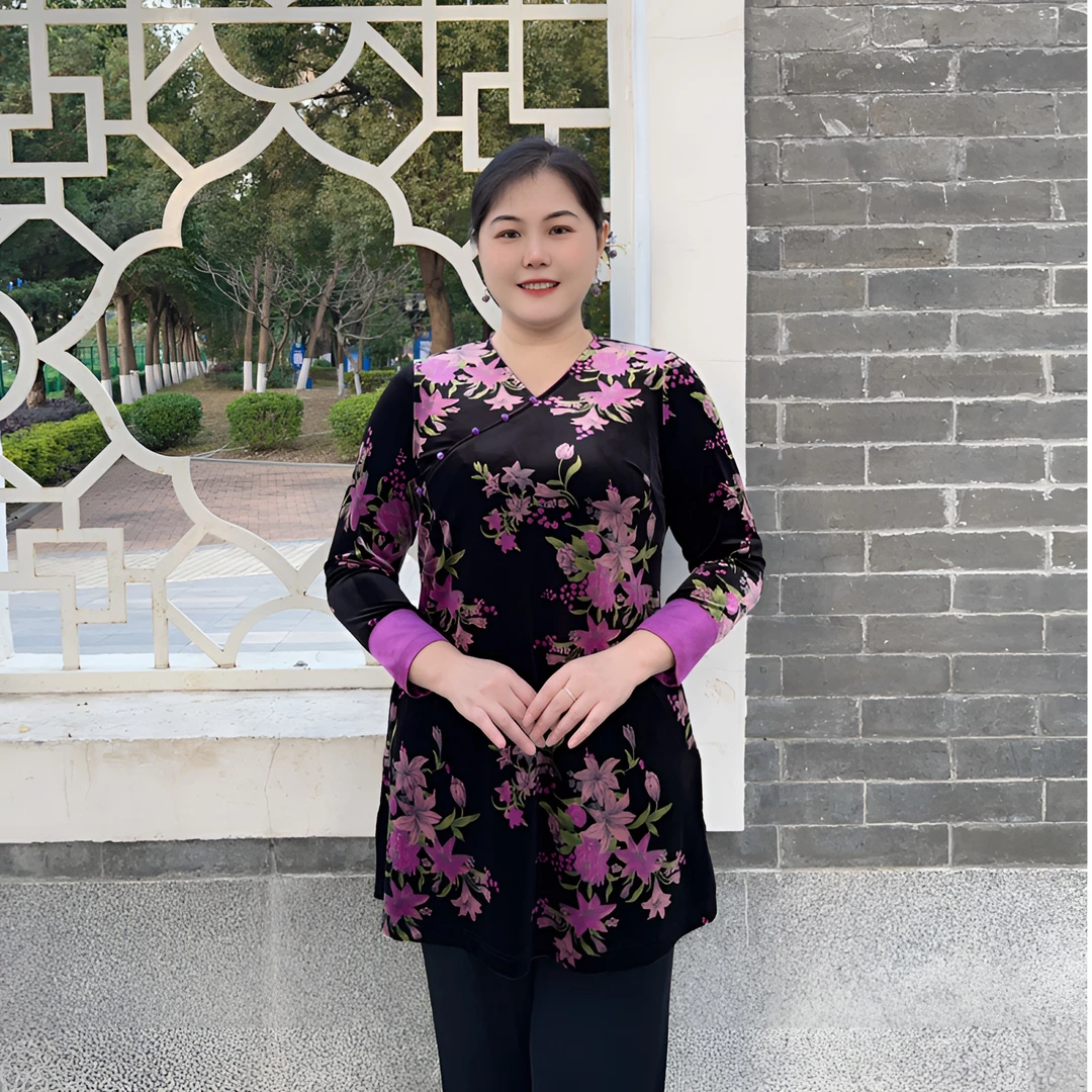 妃紫FZ24066大码轻奢贵气秋冬韩国绒印花显瘦复古中长款上衣200斤