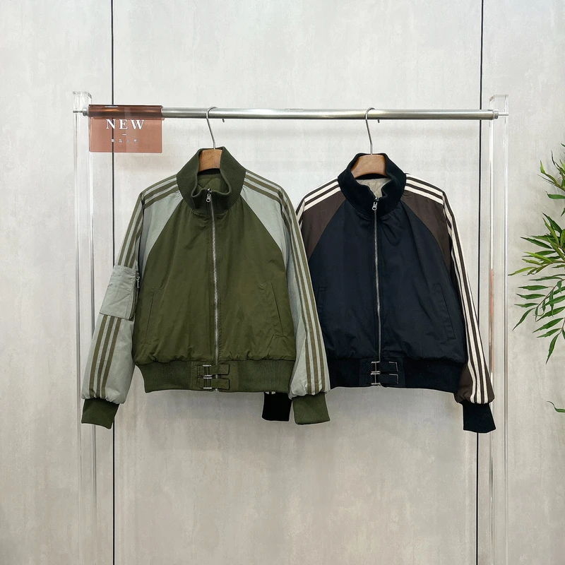 立领拼条美式休闲运动宽松廓形加棉外套女秋冬工装风夹克棉服7887