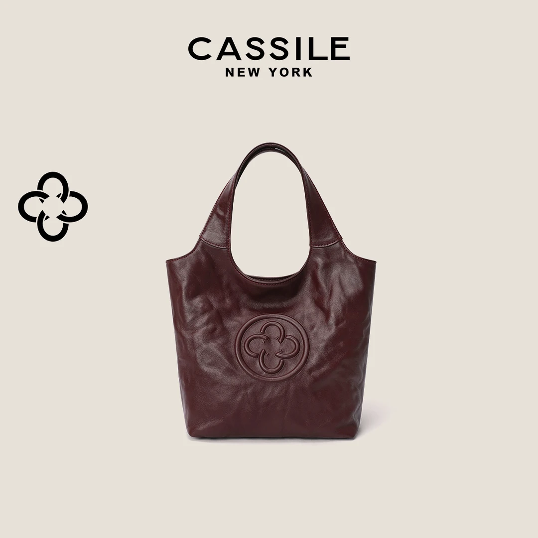 CASSILE/卡思乐深酒红MINI马甲包手提褶皱真牛皮2025新款小托特包
