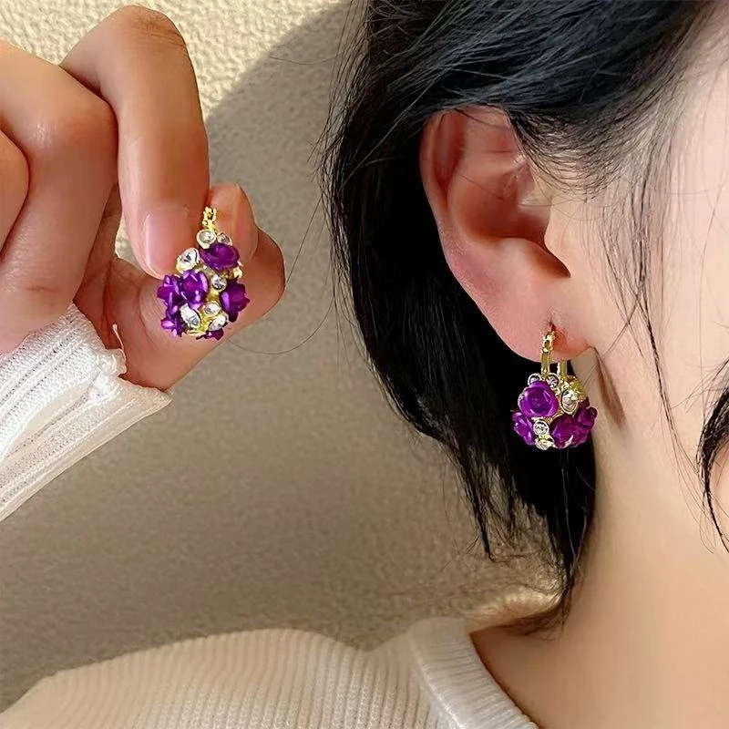 合金亚克力耳饰 合金紫色花朵钻钻人像流苏耳环A295