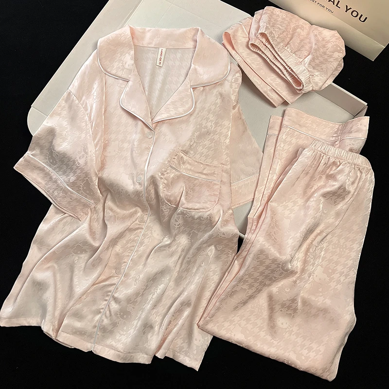 三件套睡衣女薄夏季冰丝短袖甜美高级感可爱千鸟格kitty猫家居服