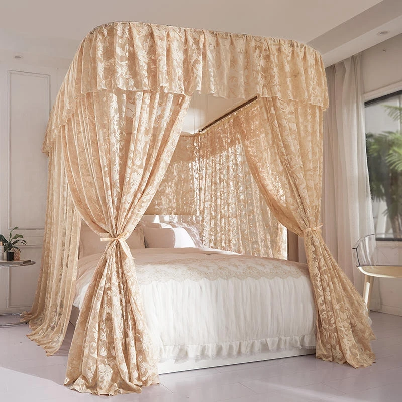 家用卧室加厚一体式高端蕾丝U型导轨蚊帐床幔推拉贴布绣公主风梦