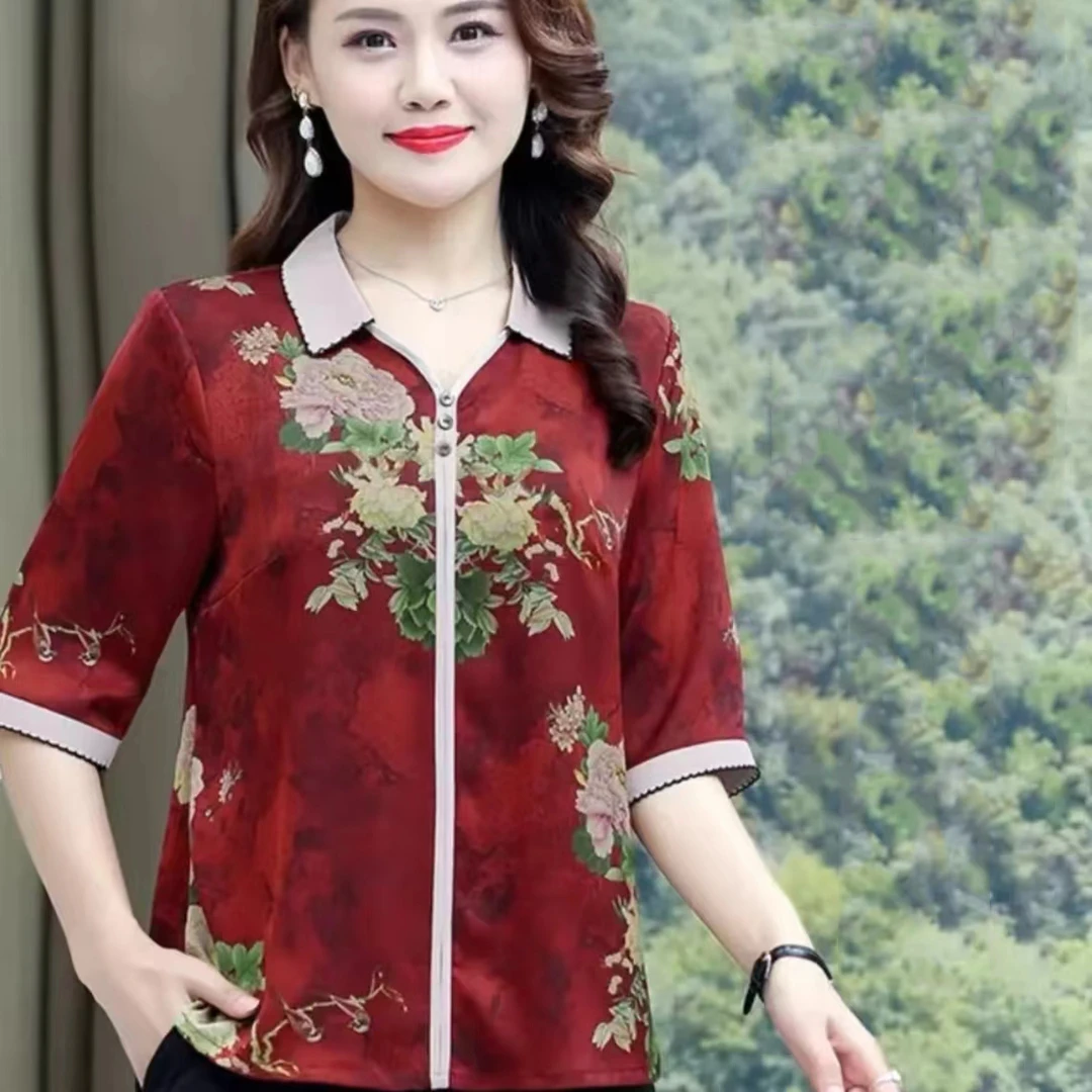 9047-夏季中老年妈妈装短袖翻领印花中袖子薄款上衣（F仓）
