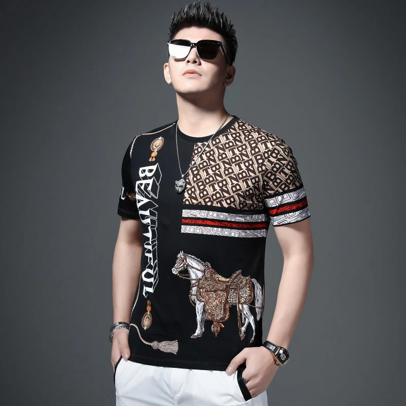 夏季新款骏马重工烫钻数码印花短袖t恤男潮牌潮流男士半袖