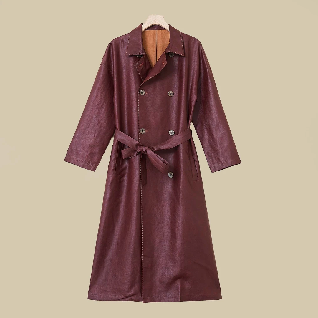 顺心·原创 油皮老料 新中式时尚中长款红云纱外套压线风衣TSY8602