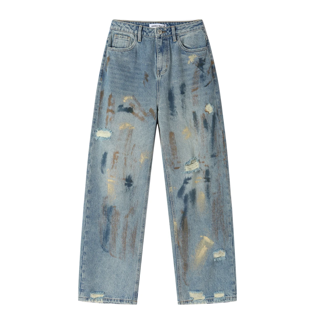 Andrea Martin25新款蓝色做旧脏脏牛仔裤